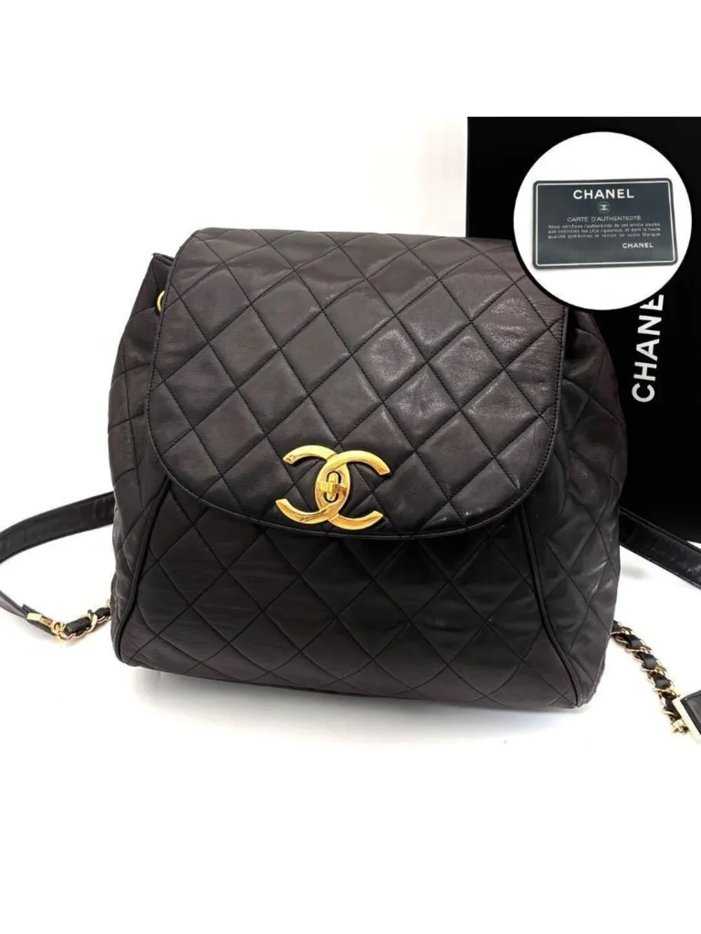 Chanel Quilted Backpack Black Lambskin Brown